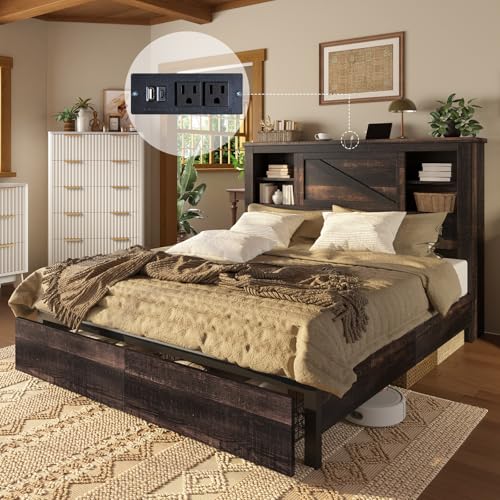 AMERLIFE 47.2" H King Bed Frame with Hidden Space Bookcase Headboard and Charging Station, Beds with 2 Storage Drawers and Wood Slats