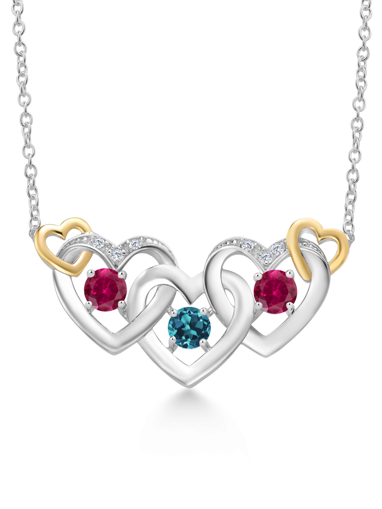 Gem Stone King 925 Silver and 10K Yellow Gold London Blue Topaz Red Created Ruby and White Lab Grown Diamond Heart Shape Pendant Necklace For Women