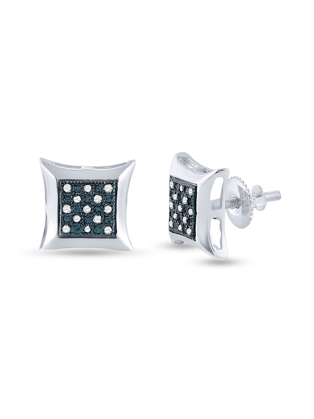 Sterling Silver Mens Round Blue Color Enhanced Diamond Square Kite Earrings 1/12 Cttw