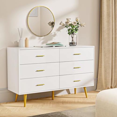 CARPETNAL White Dresser for Bedroom, 6 Drawer Dresser with Wide Drawers and Gold Metal Handles, Wood Dressers & Chest of Hallway, Entryway.
