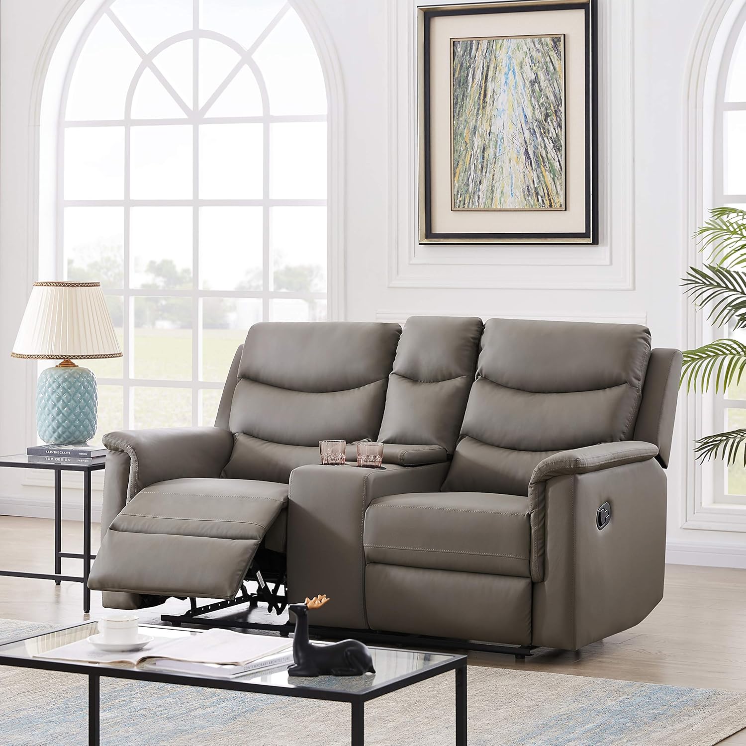 Faxu Leather Love, Manual Double Reclining Loveseat Sofa, Home Theater Seating with Storage Console