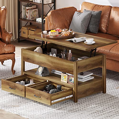 YITAHOME Lift Top Coffee Table with Storage Shelf,Drawers and Hidden Compartment,Retro Center Table with Wooden Lift Tabletop