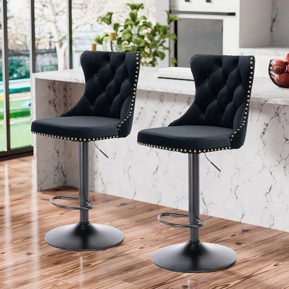 Lemacte Swivel Bar Stools Set of 4, Adjustable Counter Height Barstools with Nailheads Trim, Button Tufted Back and Black Footrest