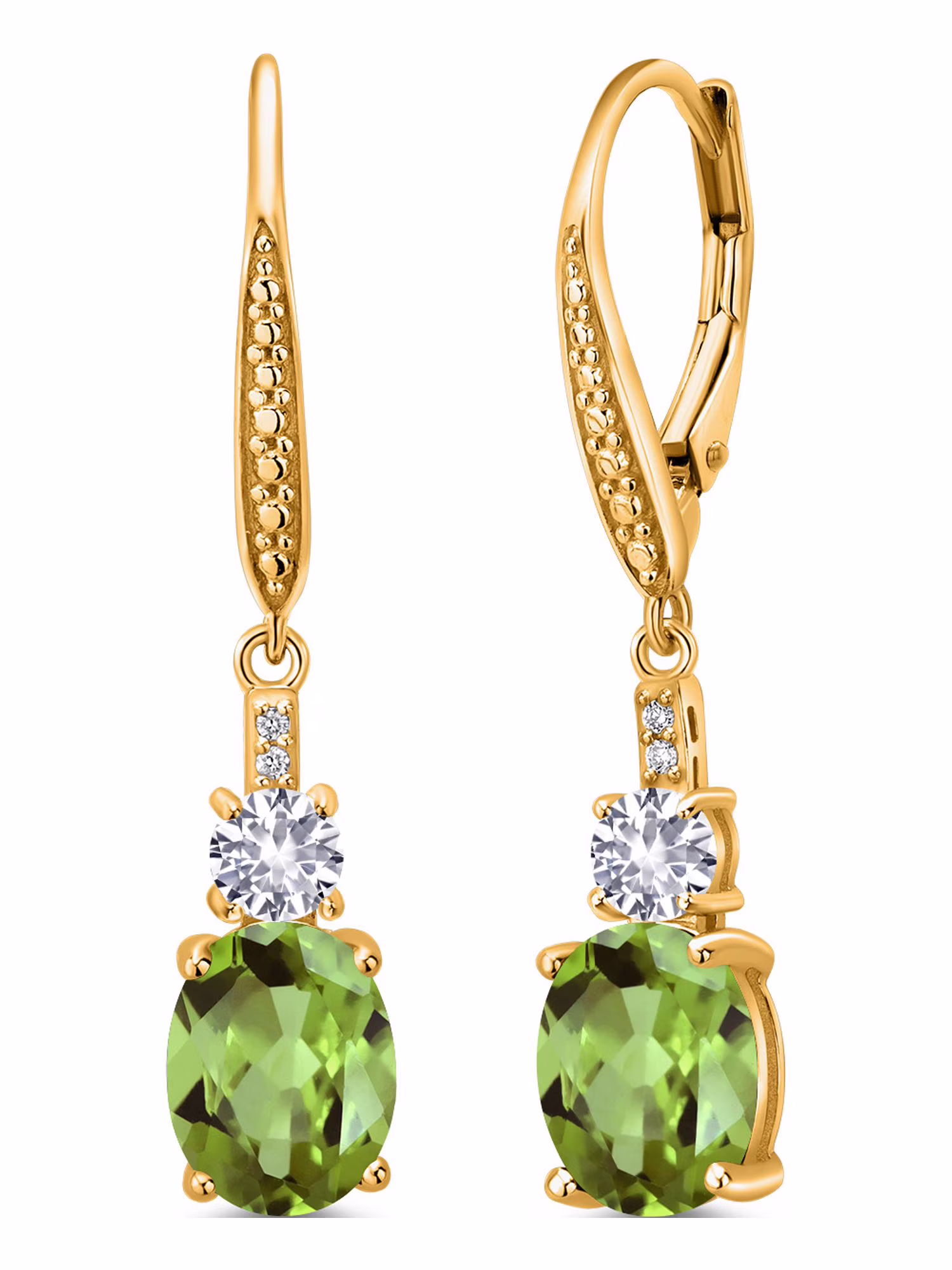Gem Stone King 18K Yellow Gold Plated Silver Green Peridot and White Created Sapphire Dangle Earrings for Women with Lab Grown Diamond (4.73 Cttw