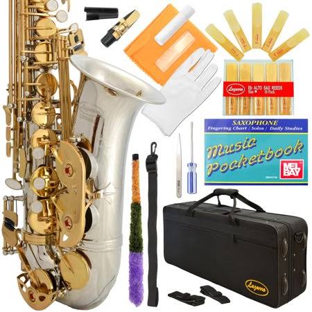 Lazarro Professional Silver Body-Gold Keys Eb E Flat Alto Saxophone Sax with 11 Reeds, Case u0026 Many Extras - 360-2C