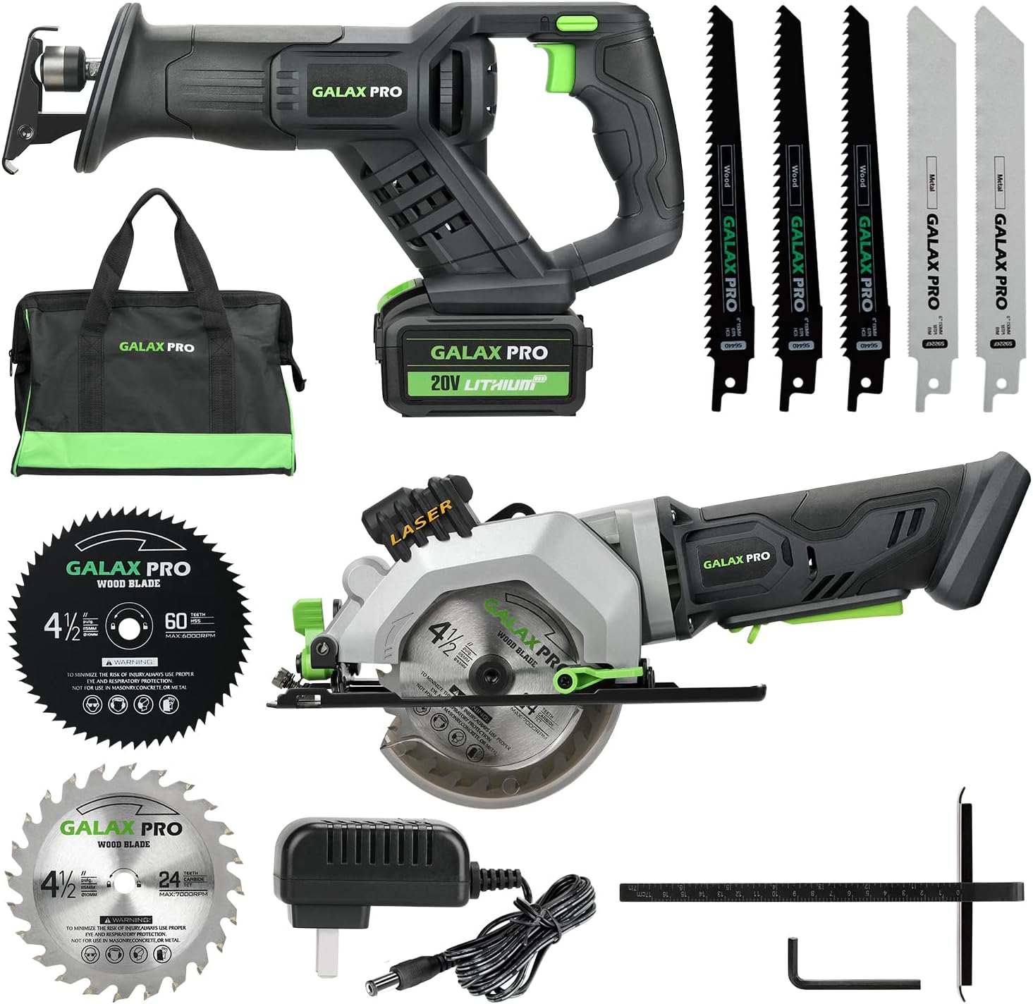 GALAX PRO Reciprocating Saw and Circular Saw Combo Kit with 1pcs 4.0Ah Lithium Battery and One Charger, 7 Saw Blades and Tool Bag
