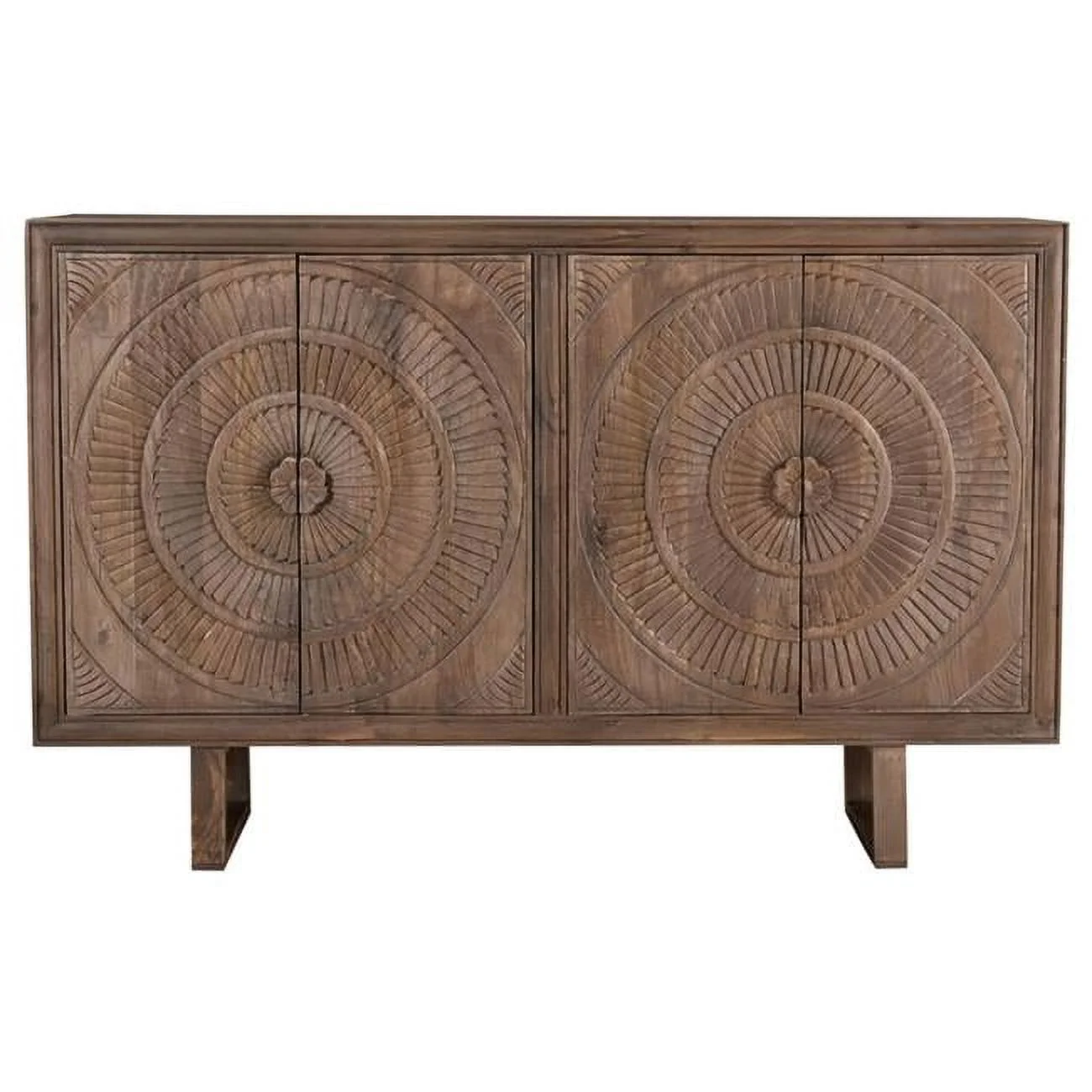 Albert Solid Wood Cabinet with 4 Hand-Carved Doors in Brown Finish