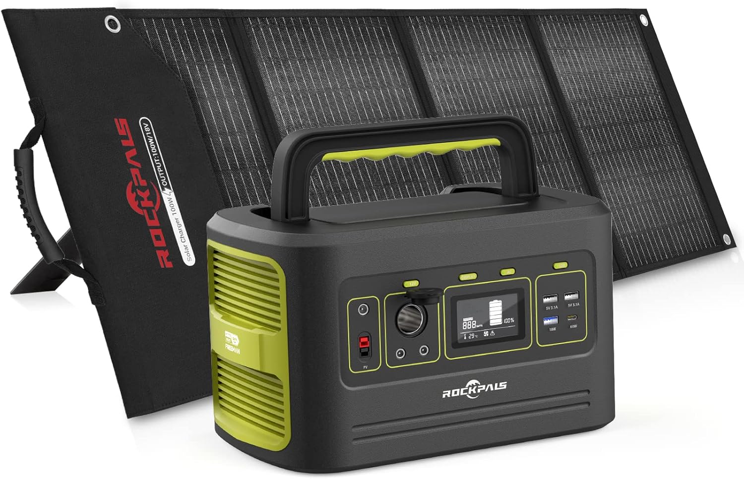 ROCKPALS Portable Power Station Freeman 600, 3 x AC Outlets, 614.4Wh Solar Generator and RP082 100W Foldable Solar Panel with Kickstand