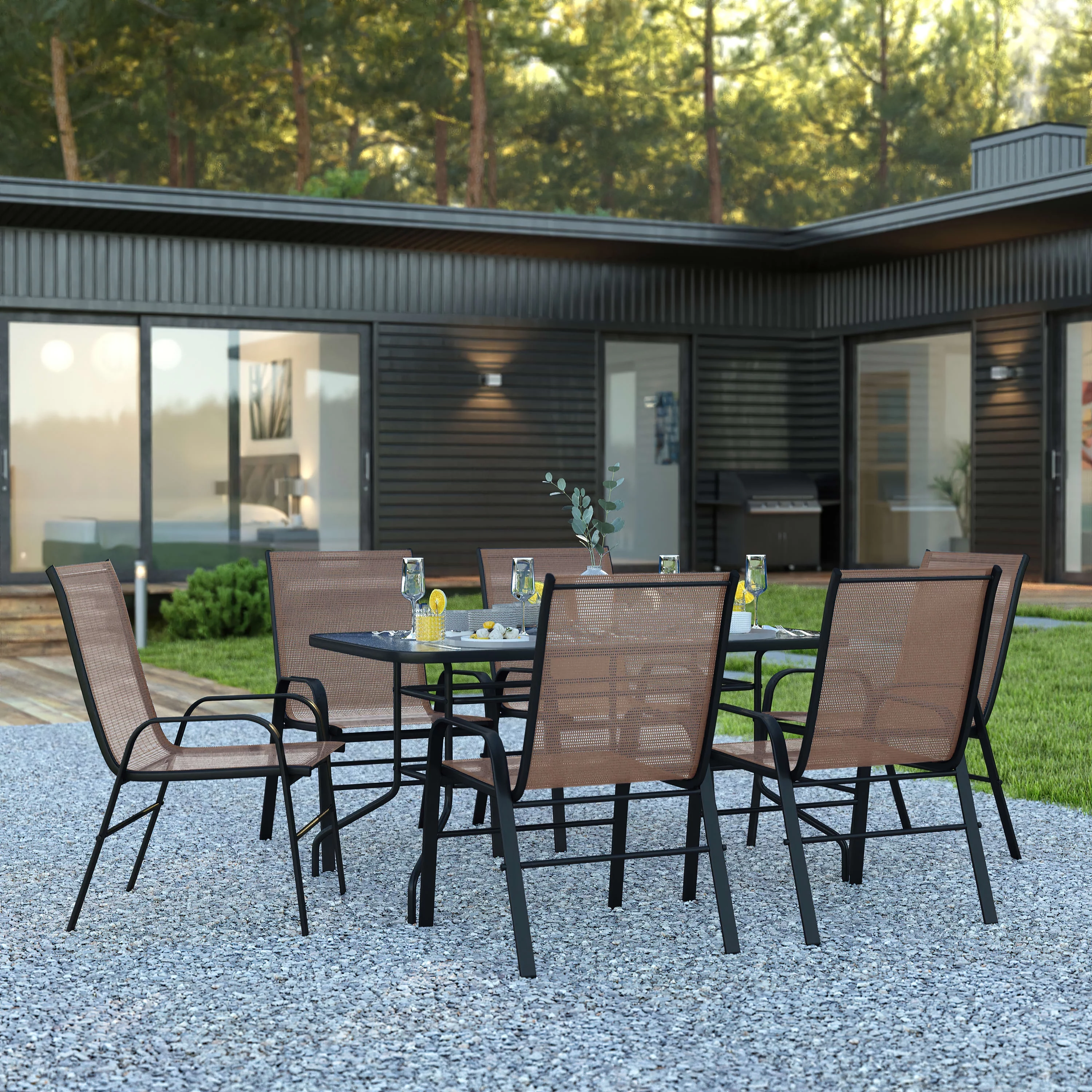 BizChair 7 Piece Outdoor Patio Dining Set - 55" Tempered Glass Patio Table with Umbrella Hole, 6 Brown Flex Comfort Stack Chairs