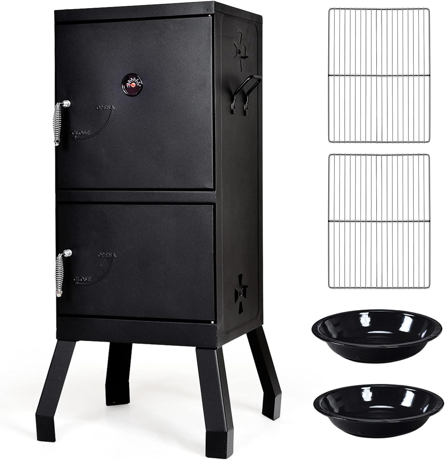 Giantex Outdoor Smoker with Double Doors, 2 Detachable Grill Netting Smoking Racks, Charcoal Pan & Water Pan, 4 Air Vents, Thermometer