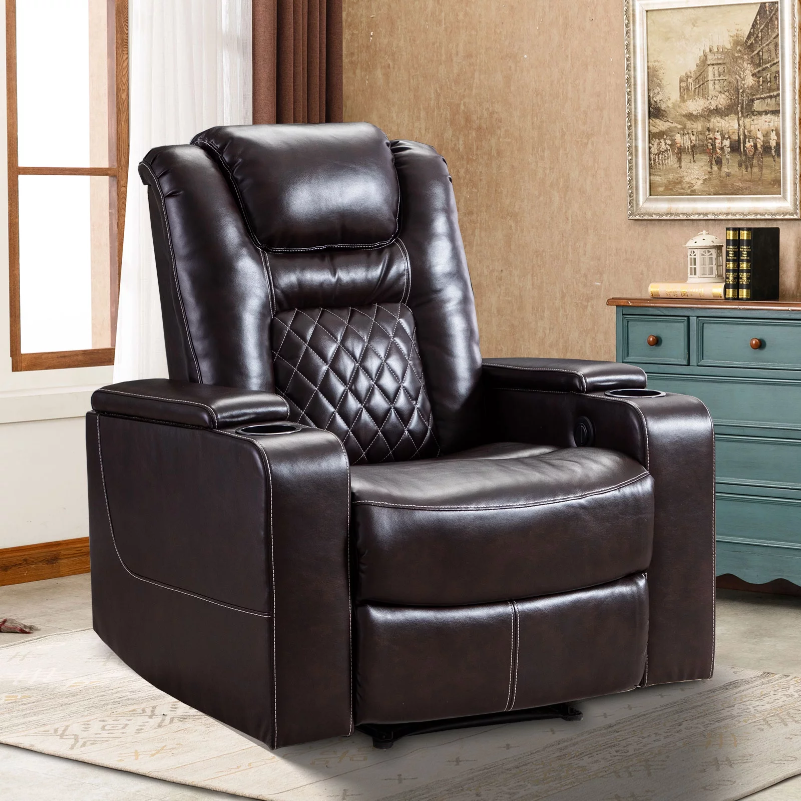 Ebello Power Recliner Chair, Leather Home Theater Seating, Living Room Chair Brown
