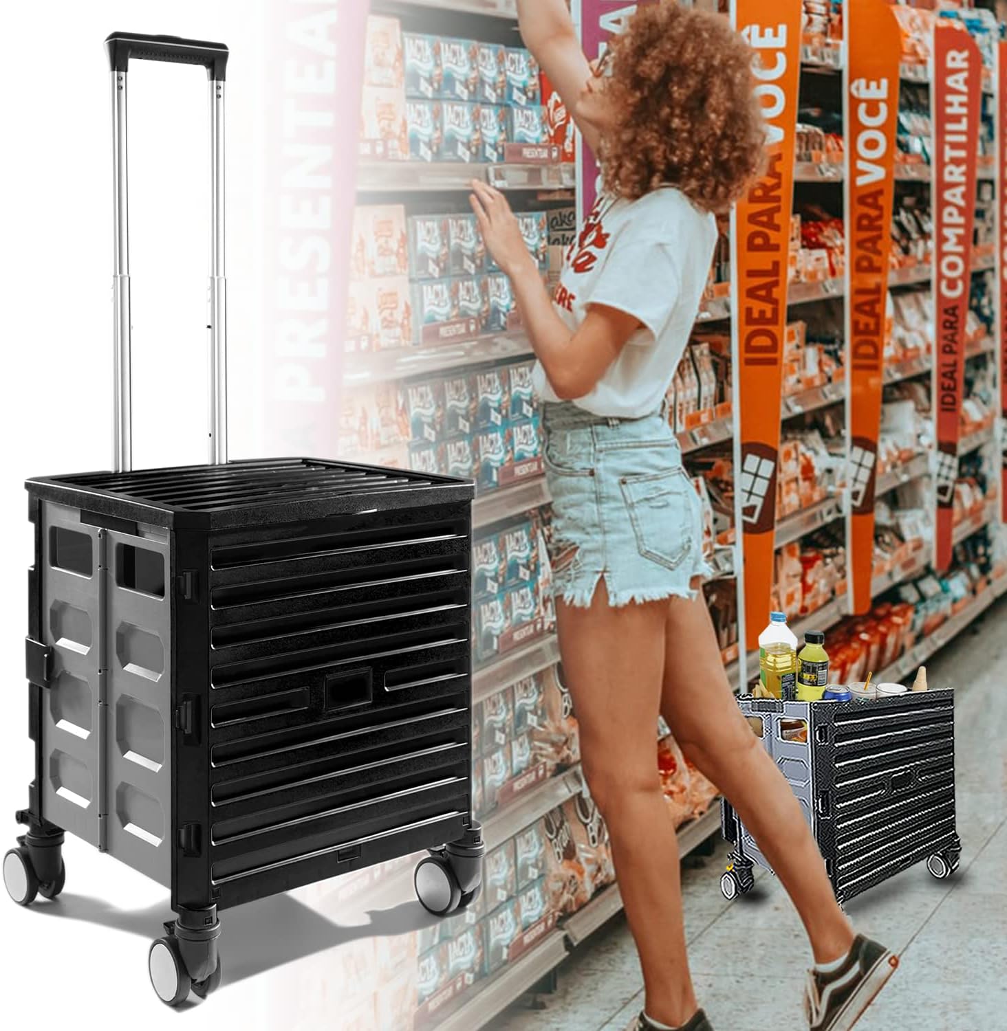 Foldable Utility Cart, Rolling Crate with 4 Wheels for Teachers, Telescoping Handle Collapsible Utility Shopping Cart Wear-Resistant 360&deg