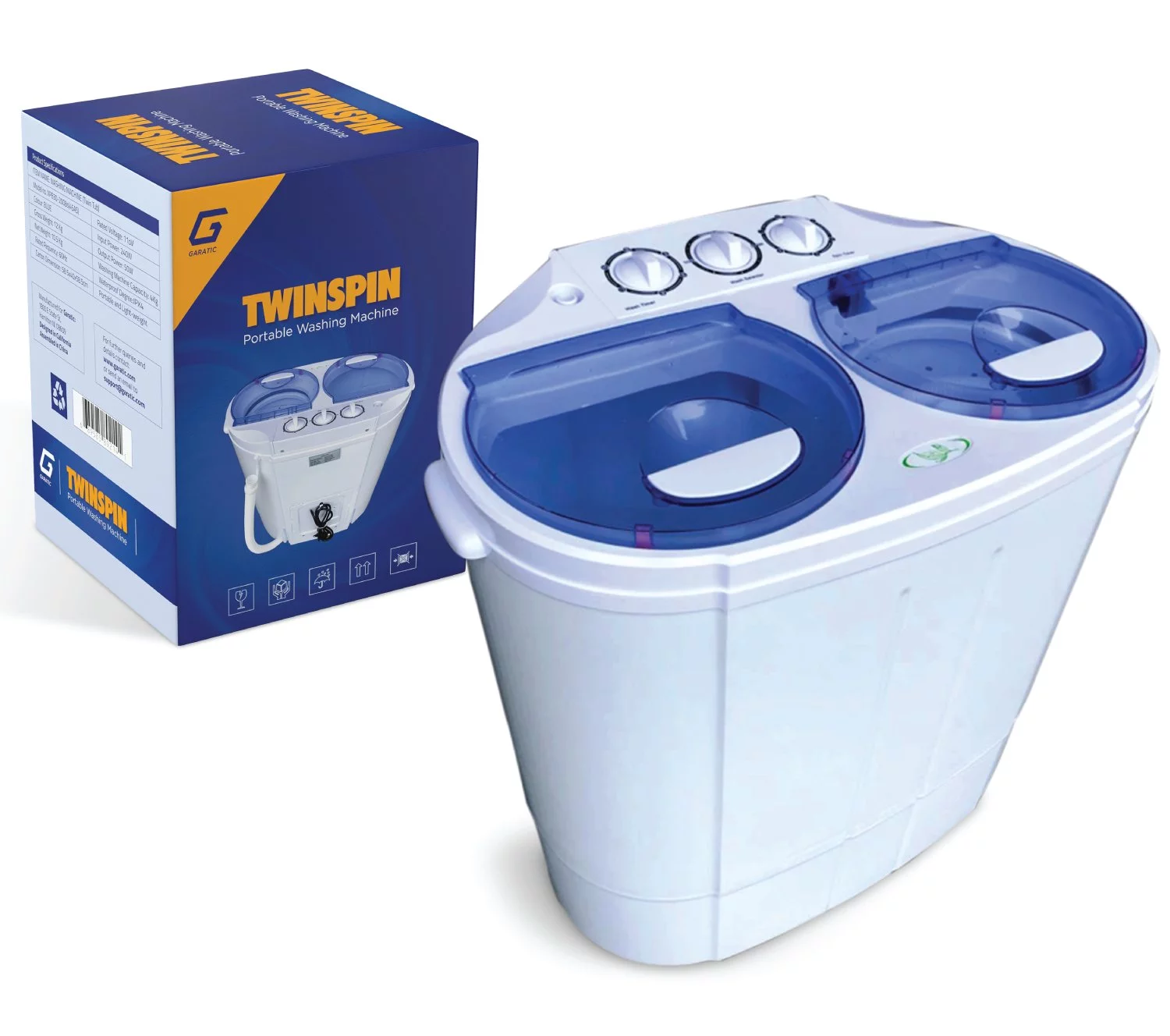 Garatic Portable Compact Mini Twin Tub Washing Machine w/Wash and Spin Cycle, Built-in Gravity Drain, 13lbs Capacity For Camping, Apartments, Dorms