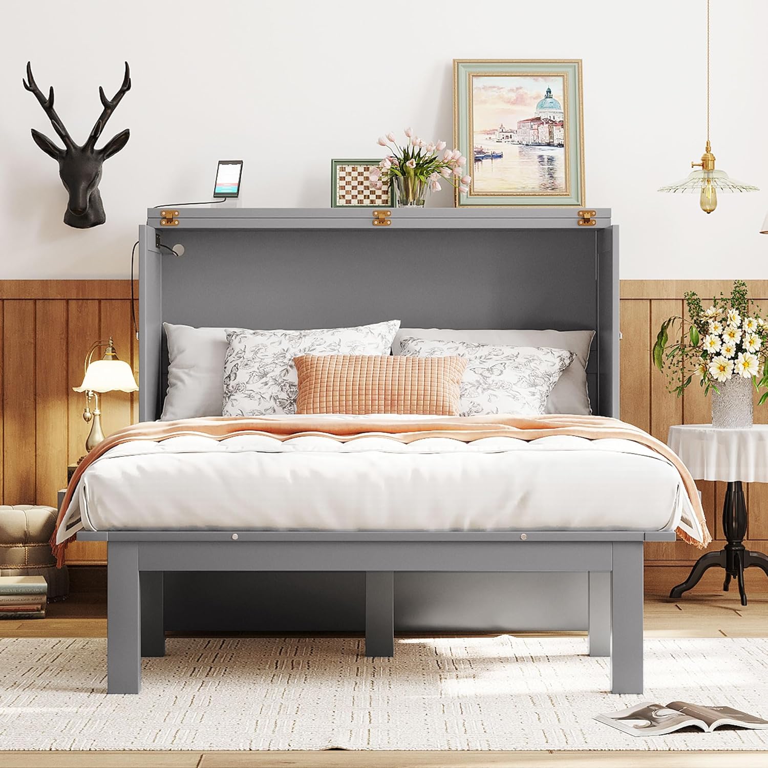 Murphy Bed,Full Size Murphy Wall Bed with Cabinet/USB Port,Removable Shelves,Space-Saving Folding Murphy Bed