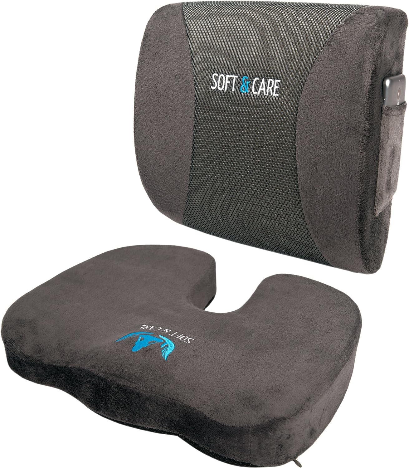 SOFTaCARE Seat Cushion Coccyx Orthopedic Memory Foam and Lumbar Support Pillow, Set of 2 (Light Grey, 2 pcs)