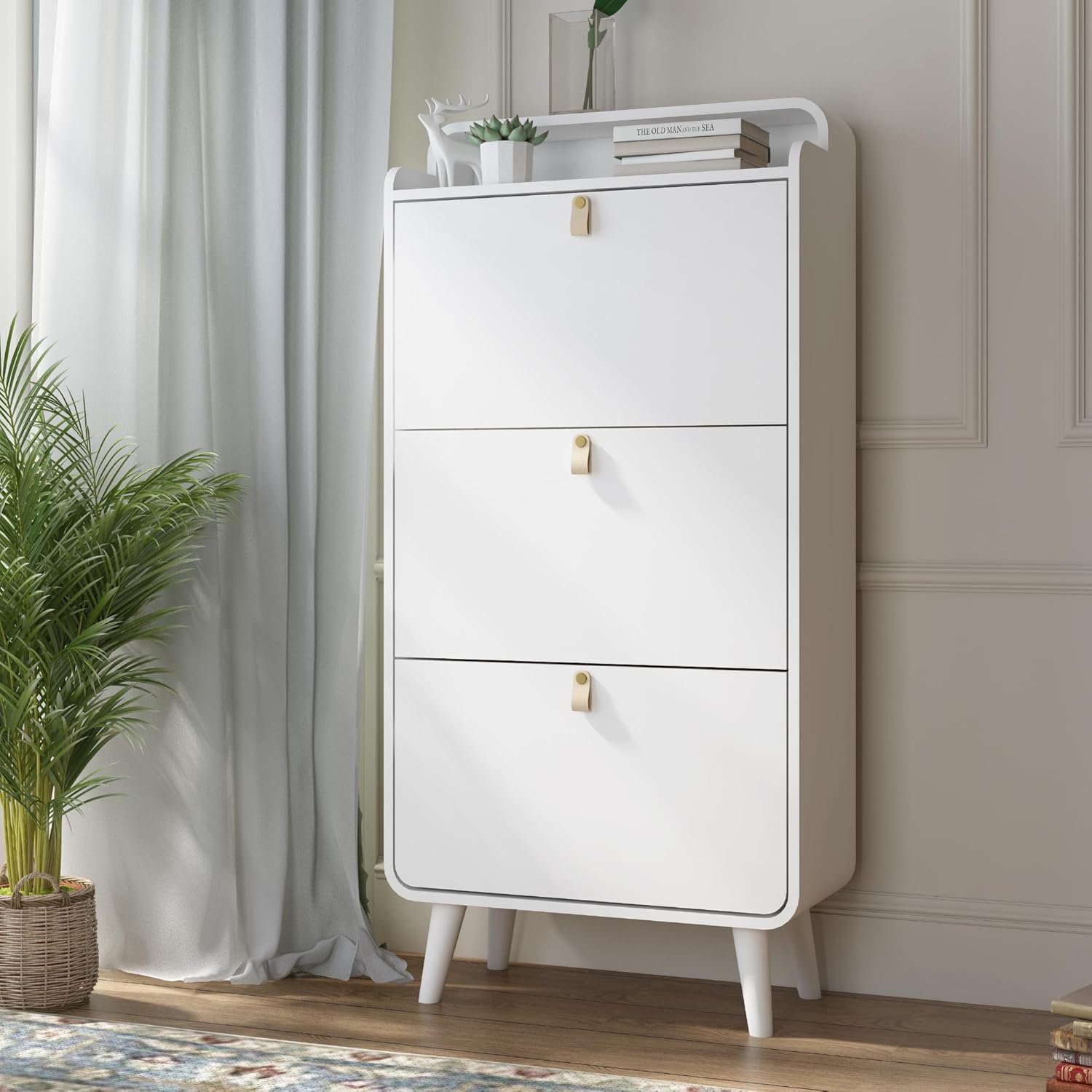 Modern Arc Design Shoe Cabinet with 3 Drawers - Elegant White Entryway Shoe Storage Solution for Closets, Apartments, Hallways & Outdoor Spaces