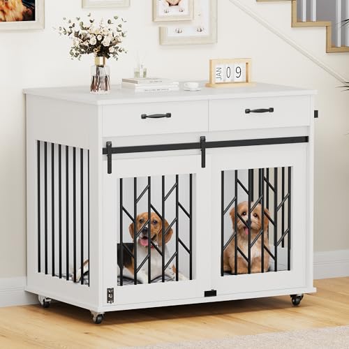 YITAHOME Dog Kennel Furniture for 2 Dogs, 39 inch Double Dog Crate with Storage Drawers, Indoor Wooden Dog House Heavy Duty for 2 Small Medium Dogs