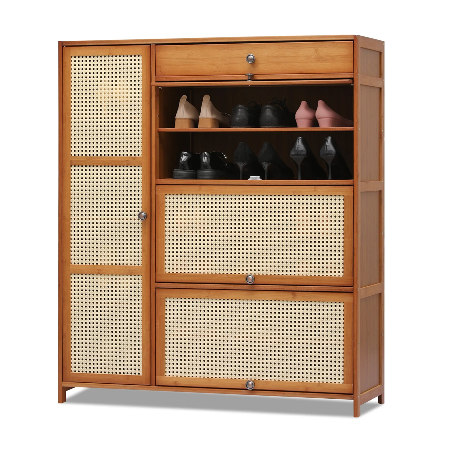Magshion Bamboo 28 Pairs Shoe Cabinet, 6-Shelves Entryway Shoe Storage Cabinet with 4 Rattan Doors and 4 Compartments
