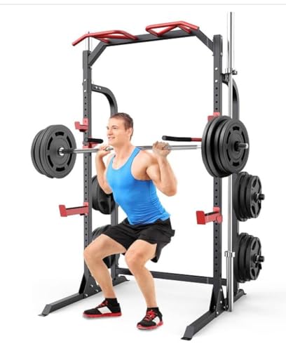 SunHome Power Cage Squat Rack, Multi-Functional Power Rack with Adjustable Cable Crossover System, J-Hooks, Dip Handles, Weight Plate Storage