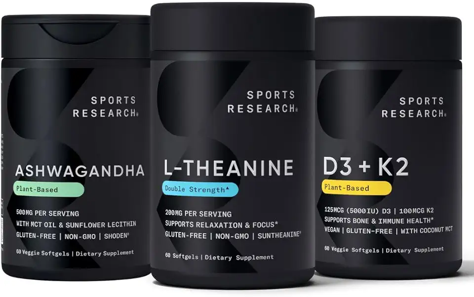 Sports Research Vitamin D3 K2 with Coconut Oil, Ashwagandha Softgels with Coconut MCT Oil & Double Strength L-Theanine Supplement