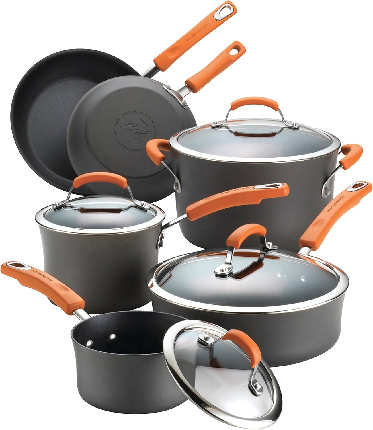 Rachael Ray Brights Hard-Anodized Aluminum Nonstick Cookware Set with Glass Lids, 10-Piece Pot and Pan Set