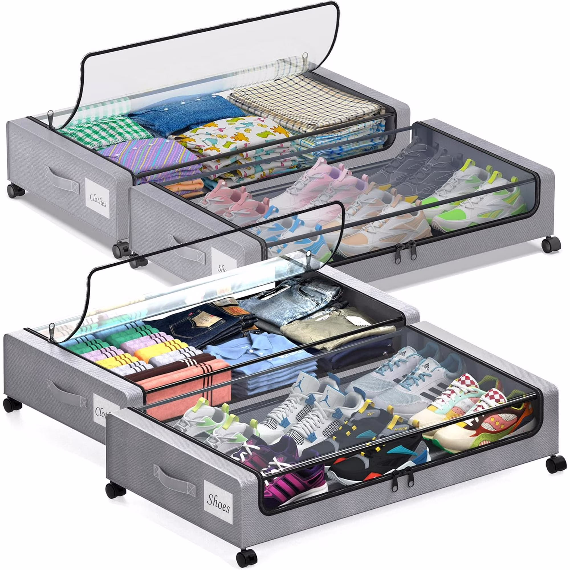 Under Bed Storage with Wheels, 4-Pack Under Bed Storage Containers with Clear Lids, XXL 60L Under the bed storage Organizer Bins