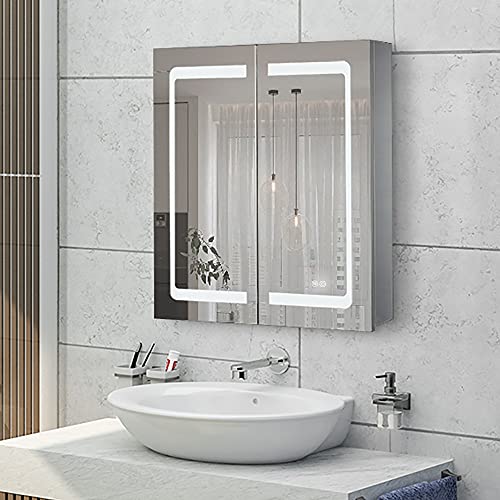 24 Inch X 28 Inch Illuminated Led Mirror Cabinet for Bathroom Stainless Steel Wall Mounted Medicine Cabinet with Double Touch Switches for Clor