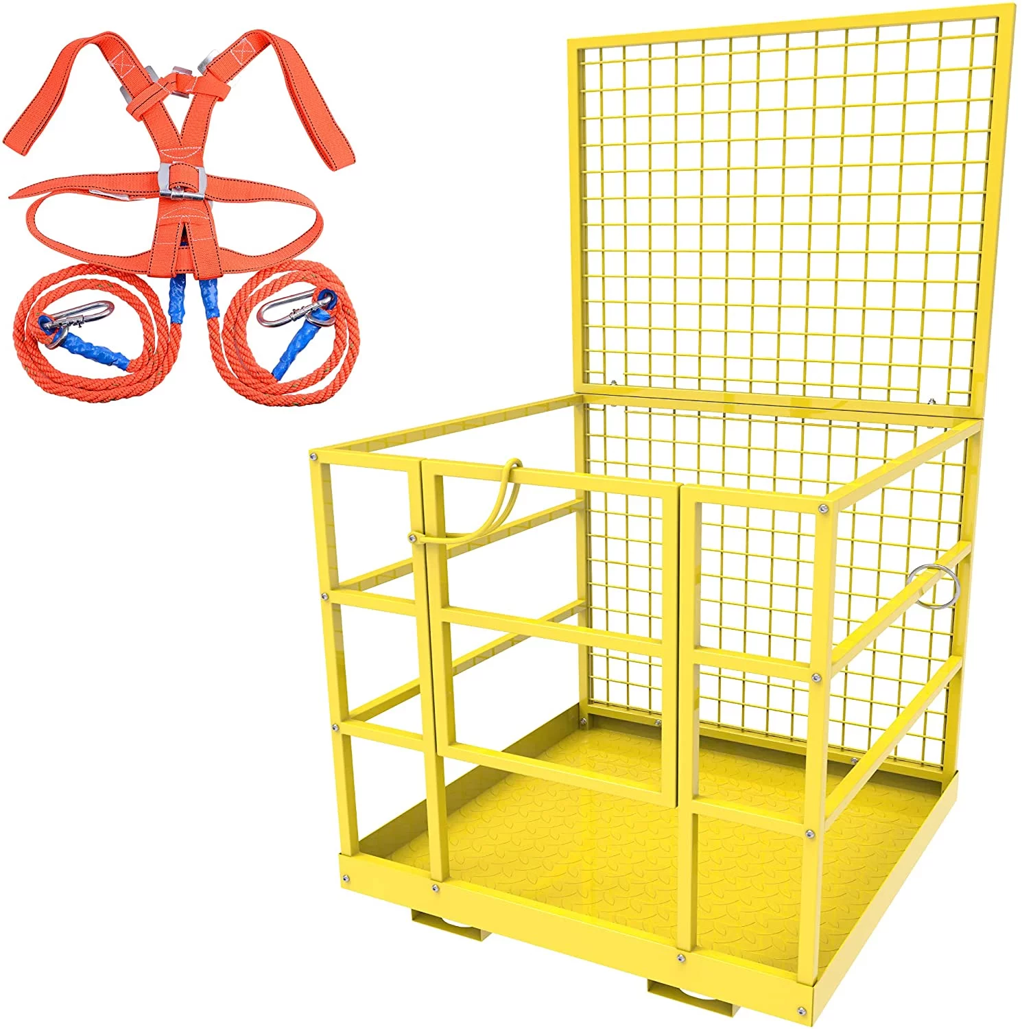43"x45" Forklift Safety Cage, 1300 LBS Yellow Capacity Forklift Work Platform with Safety Harness