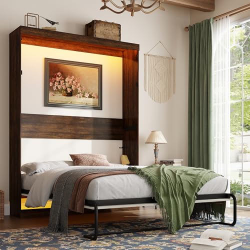 Queen Size Murphy Bed with 2 LED Lights, Farmhouse Wood Hidden Foldable Wall Bed Frame w/Gas Struts, Storage Bed Cabinet for Bedroom, Office