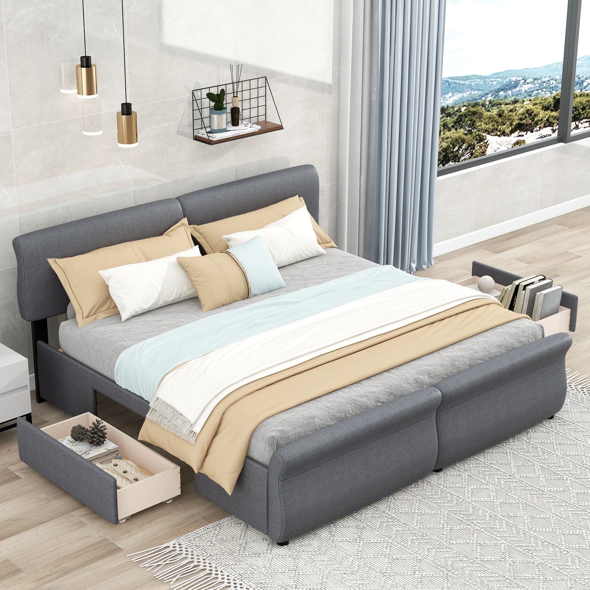 mountright King Size Linen Upholstered Platform Bed with Headboard and 2 Drawers, Platform Bed Frame with Wood Slat Support, No Box Spring Required