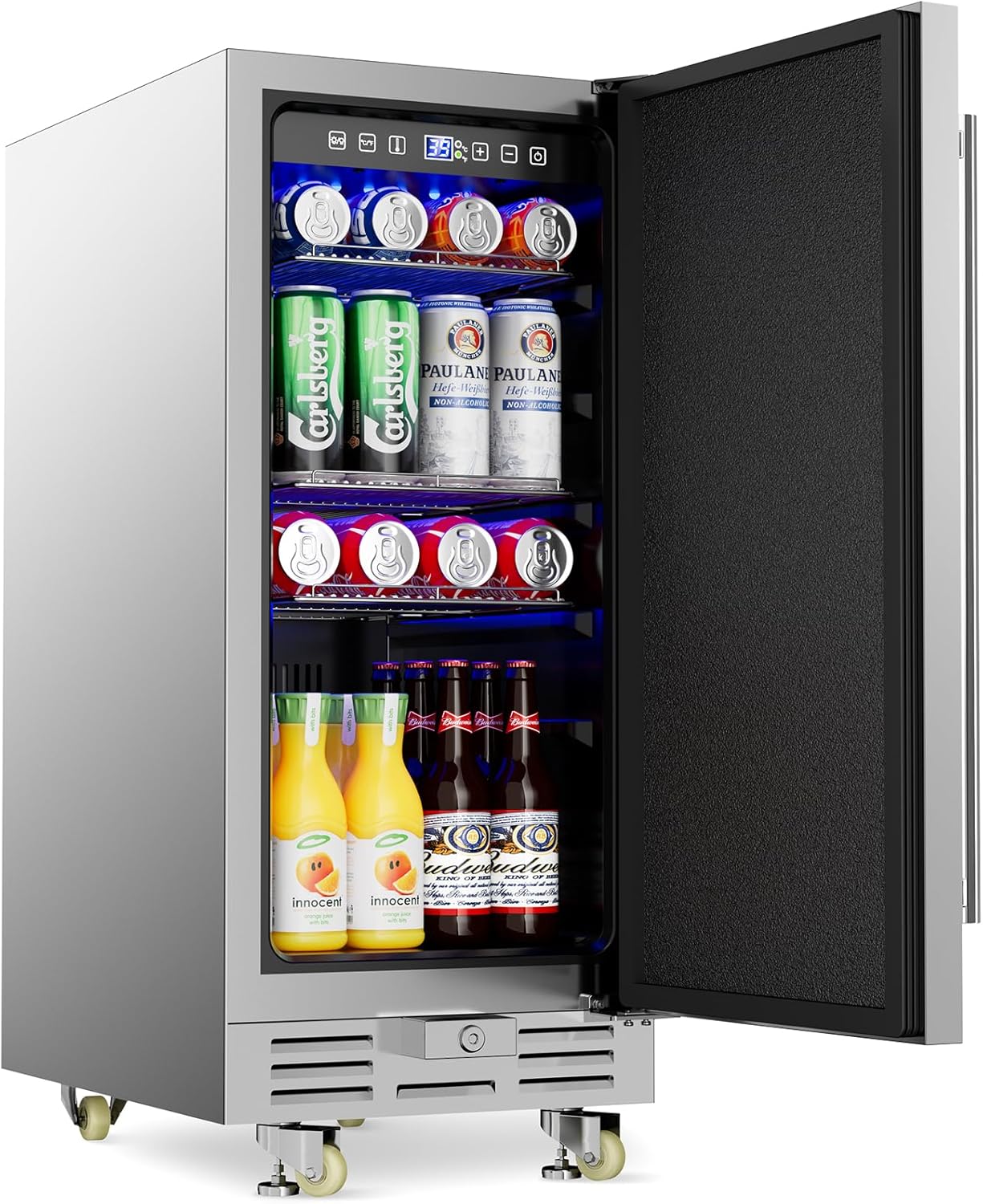Outdoor Beverage Refrigerator, 15 Inch Stainless Steel Under Counter Beer Beverage Fridge for 120 Cans w/ 34-65℉