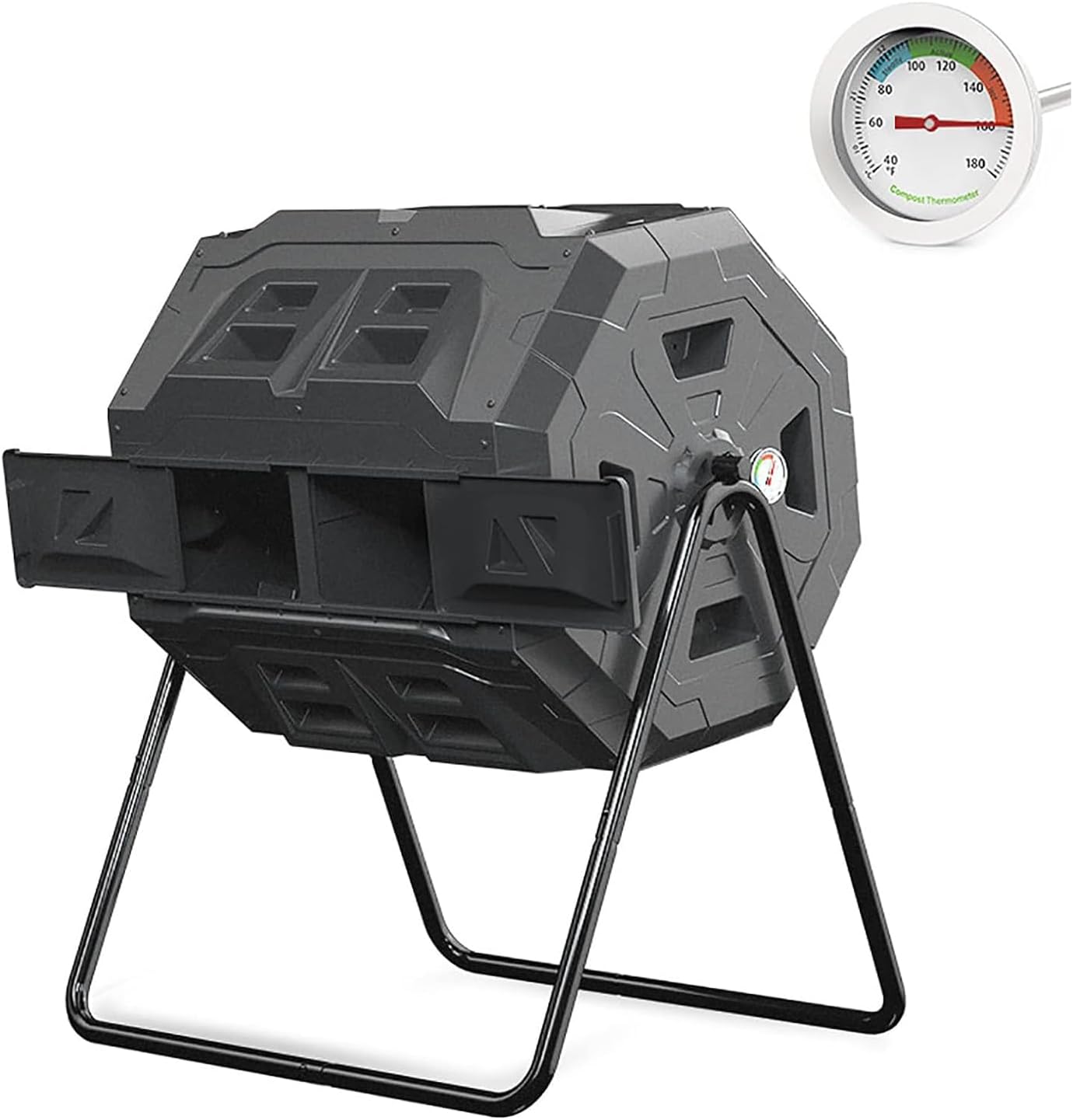 Outdoor Compost Bin, 160L Tumbling Compost Bin Outdoor Dual Chamber 360° Rotating Composter with Thermometer and Dual Chamber Sliding Doors
