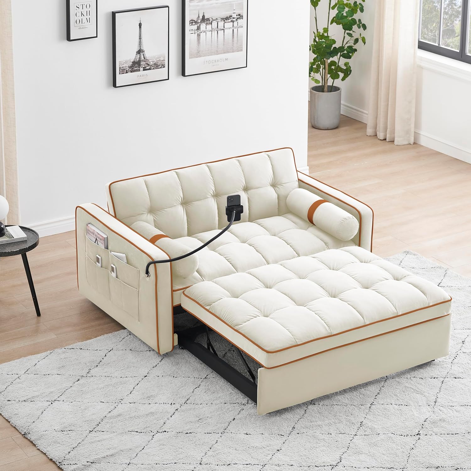 Sleeper Sofa Couch w/Pull Out Bed, 55" Modern Velvet Convertible Sleeper Sofa Bed, Small Love seat Sofa Bed w/Pillows & Side Pockets for Small Space