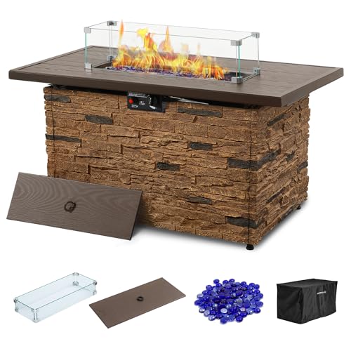 43¡± Propane Fire Pit Table Outdoor Rectangular Stone Firepit Table 50,000 Btu Propane Fire Tables for Outside Patio with Glass Wind Guard, Lid