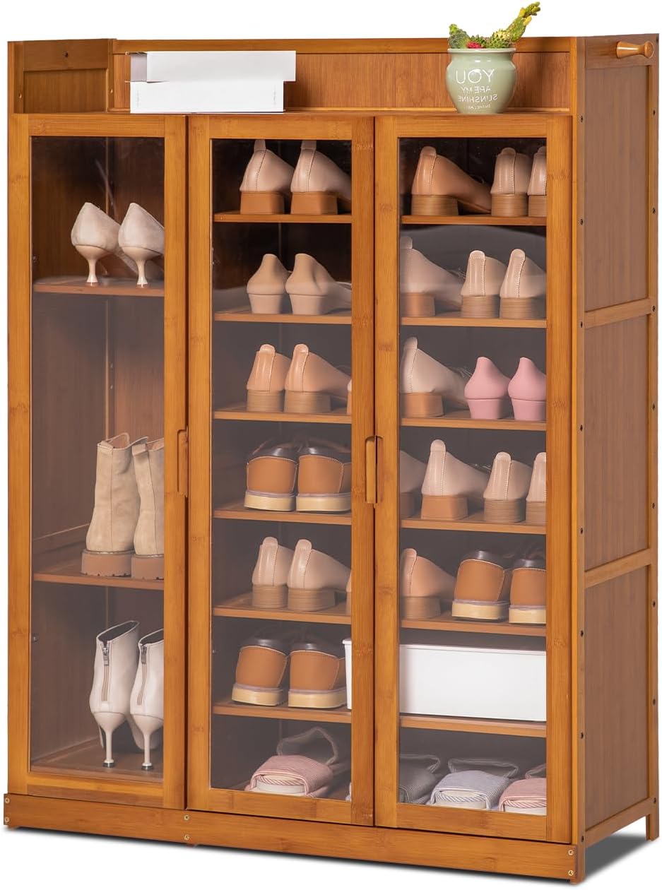 Magshion 9 Tier Bamboo Shoe Cabinet with Acrylic Doors & Tall Compartments for Narrow Closet, Hallway, Living Room