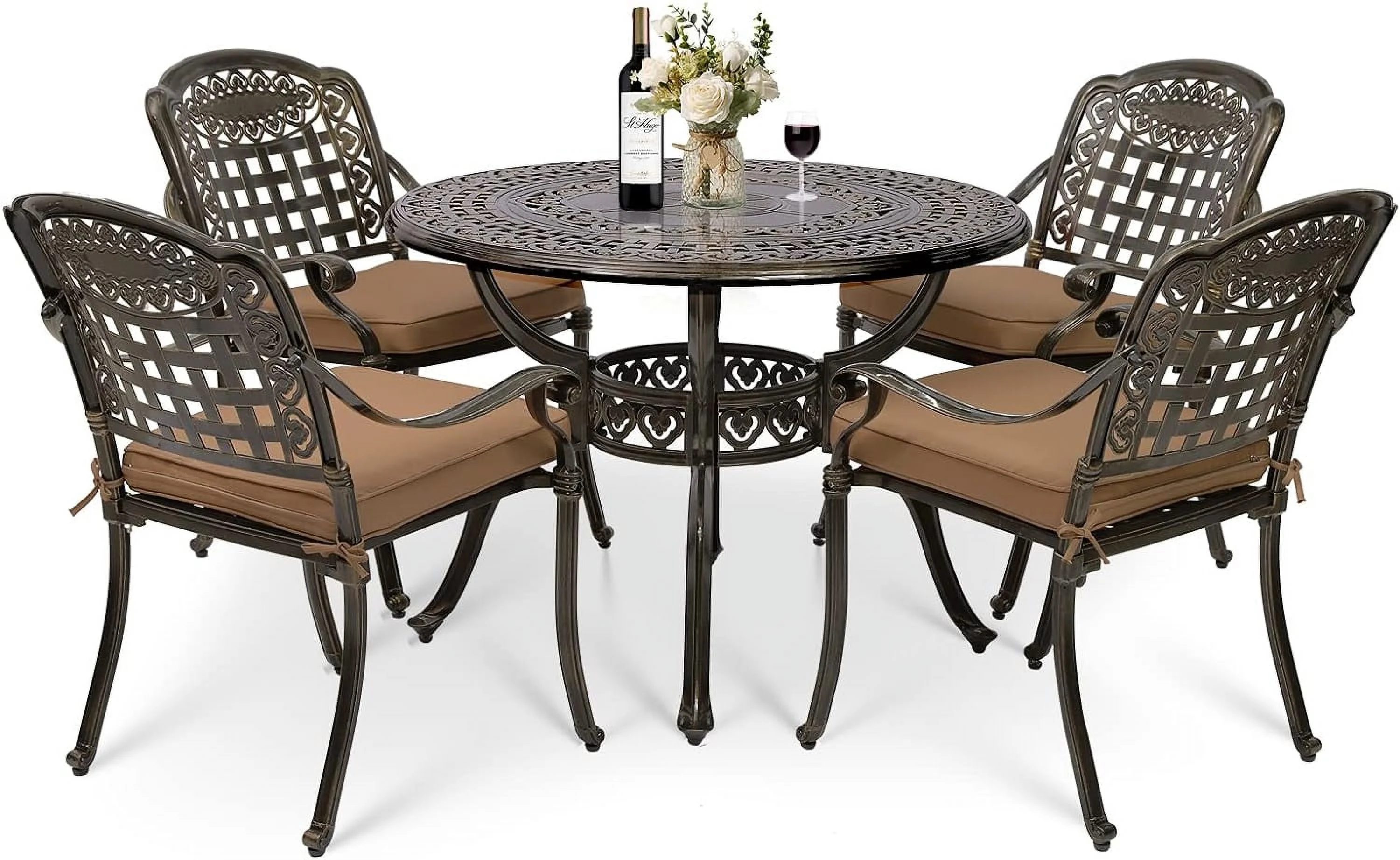 MEETWARM 5 Piece Patio Dining Set, Outdoor All-Weather Cast Aluminum Dining Table Set, Patio Furniture Set for Backyard Garden Deck, Include 4 Chairs