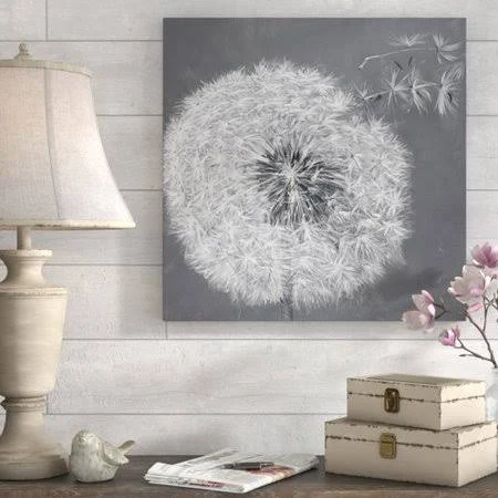 Gracie Oaks &Blowing Dandelion& Oil Painting Print on Wrapped Canvas, Gray