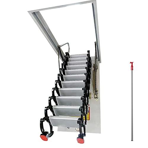 TECHTONGDA Attic Ceiling Pull Down Ladder Extension Folding Stairs Retractable Attic Folding Ladder with 28 x 35 Inch Opening Size and 9.8 feet