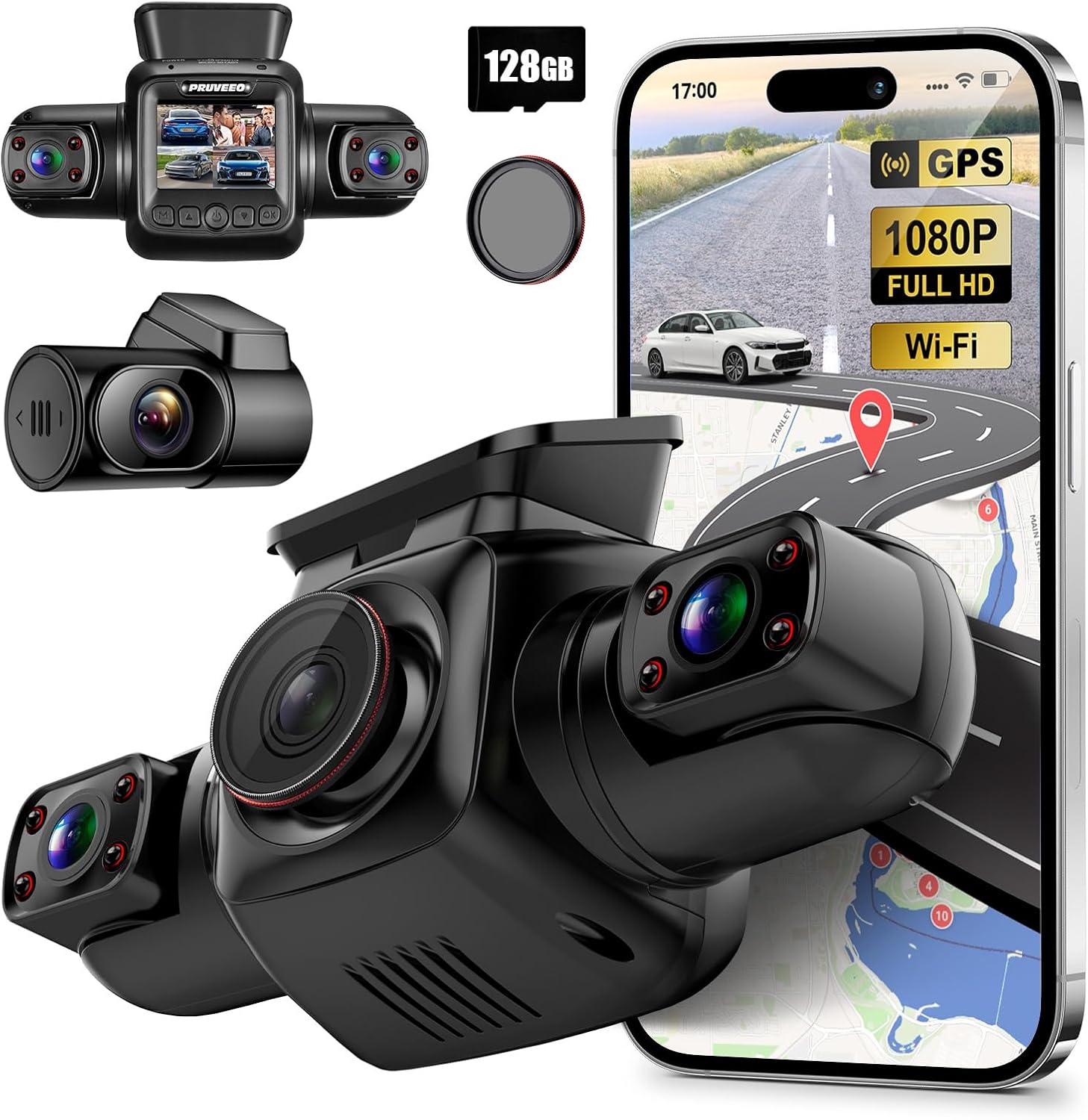 PRUVEEO 360 Degree View 4 Channel Dash Cam Front and Rear Inside Left Right, Dash Camera for Cars with CPL, Built-in GPS WiFi Night Vision