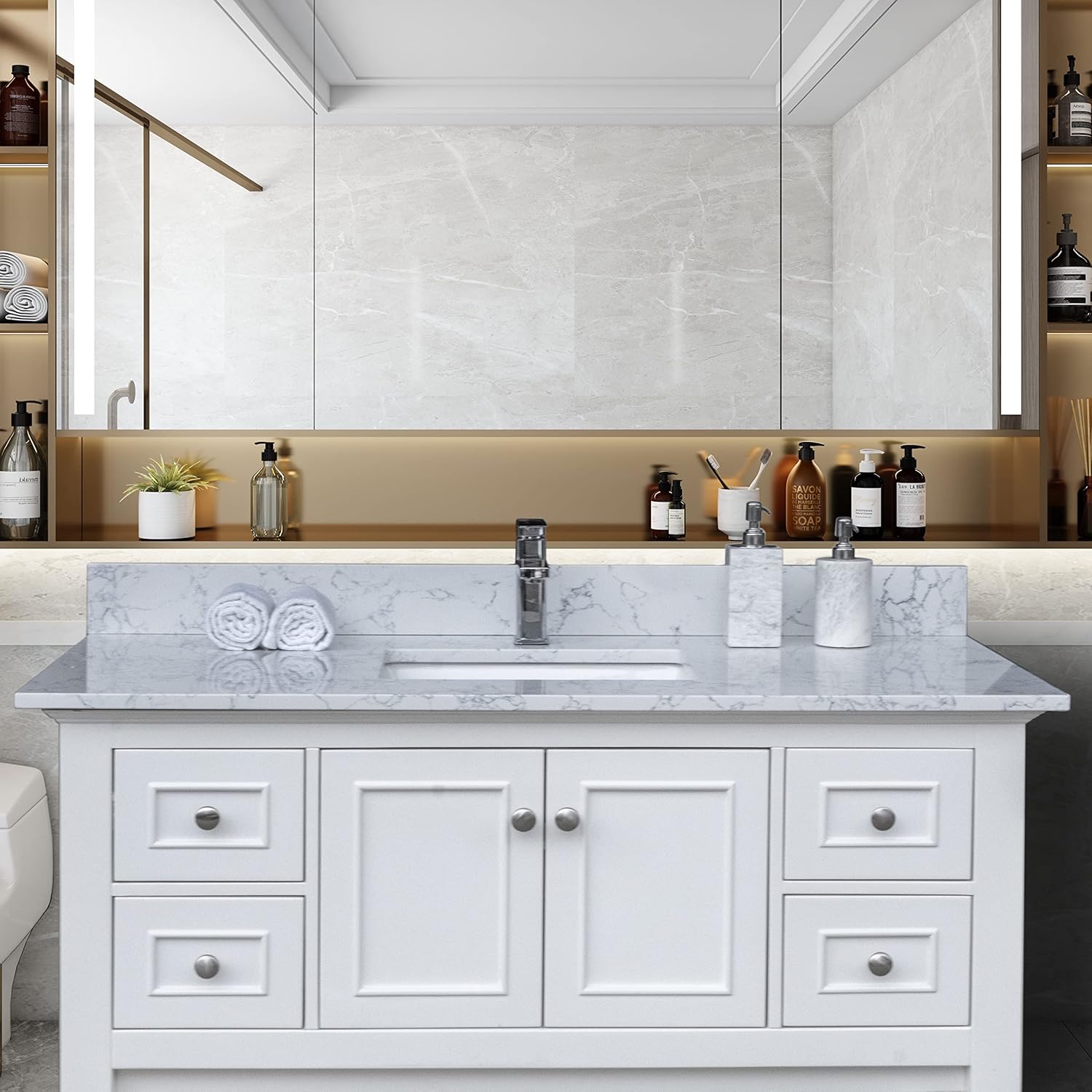 43" Bathroom Vanity Top White Engineered Marble with Ceramic Sink and Single Faucet Hole