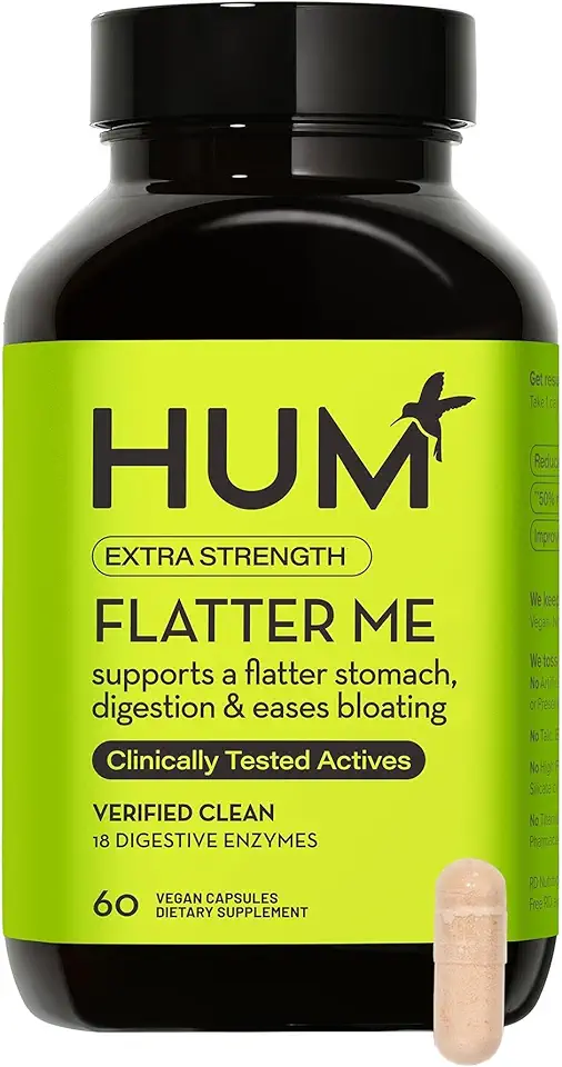HUM Flatter Me Extra Strength Digestive Enzymes - Fast-Acting Bloat Relief for Digestive Health & Debloating Multi Enzyme, Vegan, 60 Servings