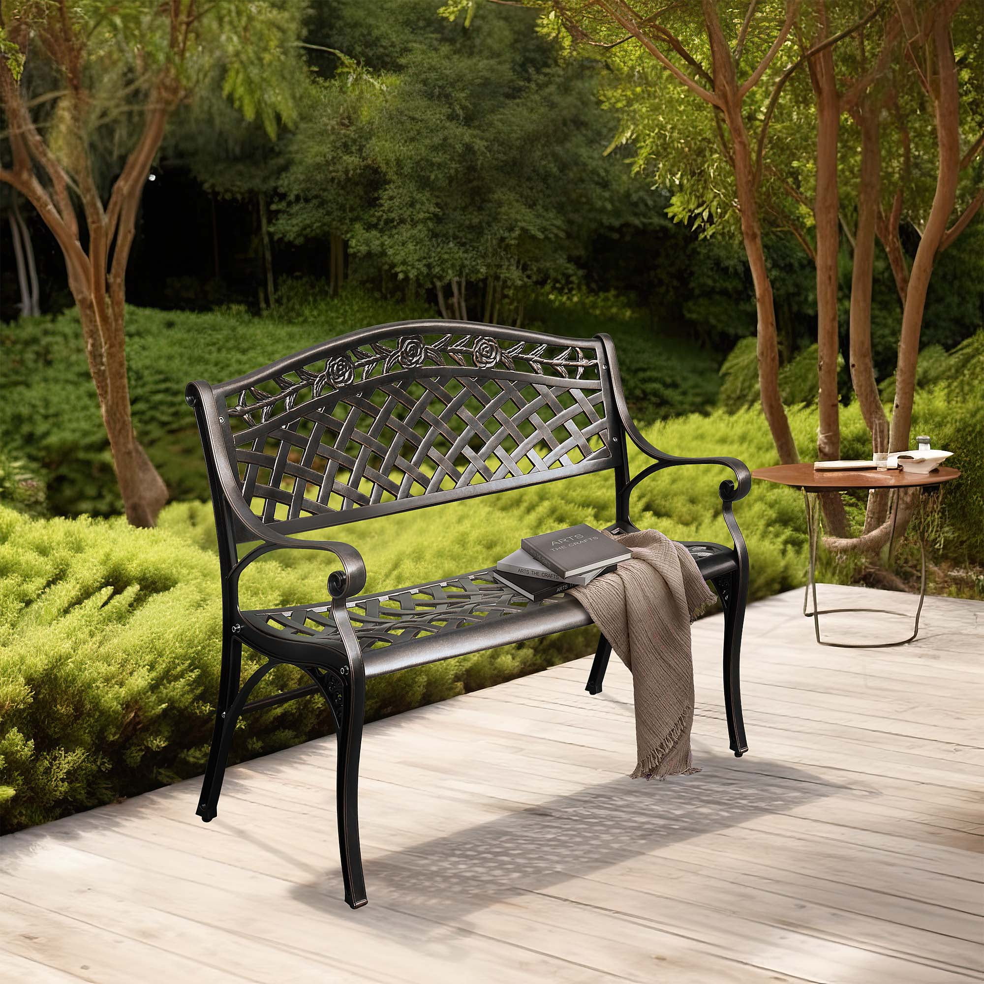 DWVO 39.4" Patio Garden Bench, Anti- Rust Cast Iron Cast Aluminum Frame for Outdoor Garden, Balcony, Backyard, Entryway, Hammered Bronze