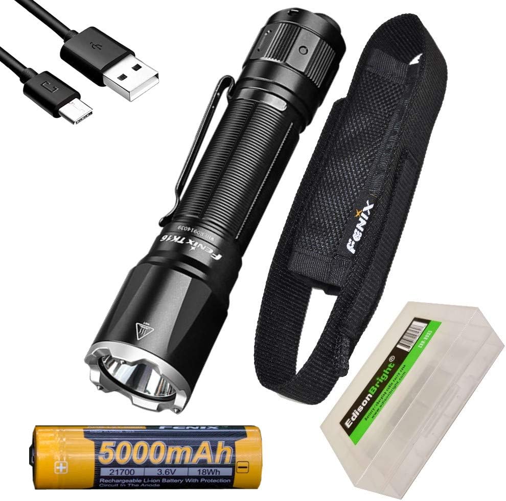 Fenix TK16 V2 3100 Lumen LED Tactical Flashlight, USB Rechargeable ARB-L21-5000U Li-ion Battery and EdisonBright BBX5 Battery Carrying case Bundle