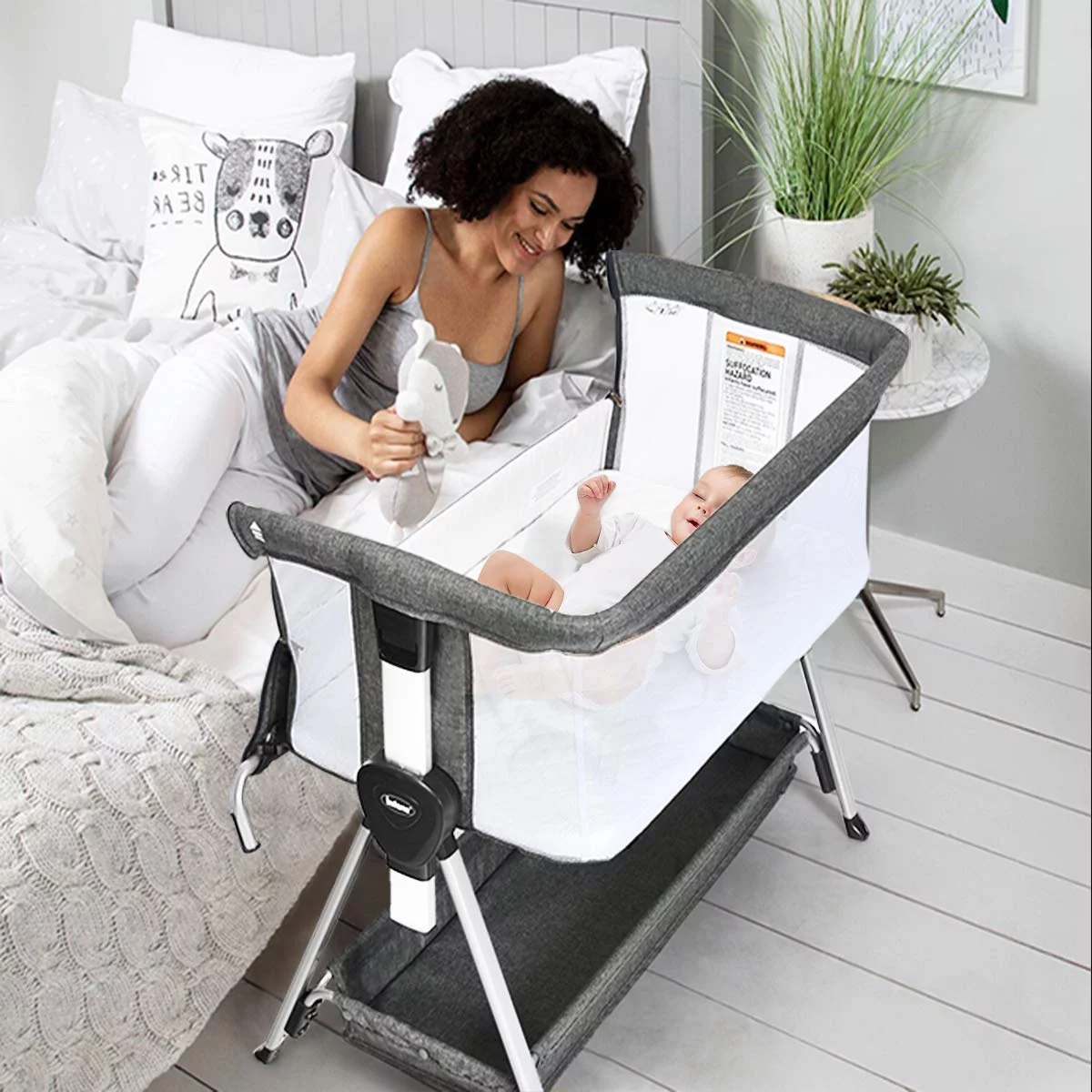 INFANS Baby Bassinet Bedside Crib. Newborn Sleeper w/Large Storage Basket. Adjustable Heights & Angle. Detachable Mattress. Breathable Mesh. Easy