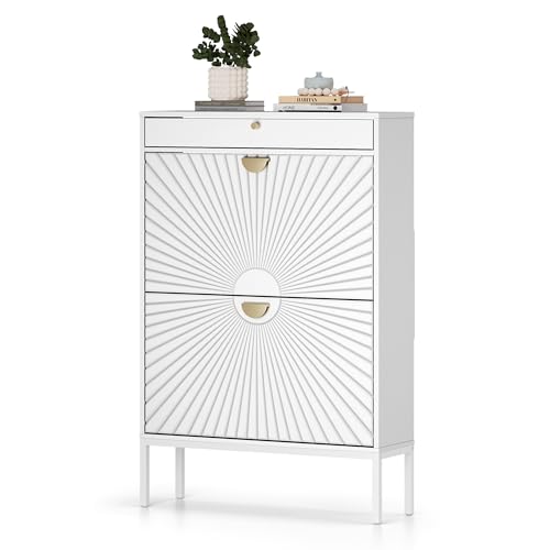 XIAO WEI Shoe Cabinet, Shoe Storage Organizer Cabinet with 2 Flip Wavy Line Drawers, Freestanding Shoe Rack with Adjustable Shelf for Entryway(White)