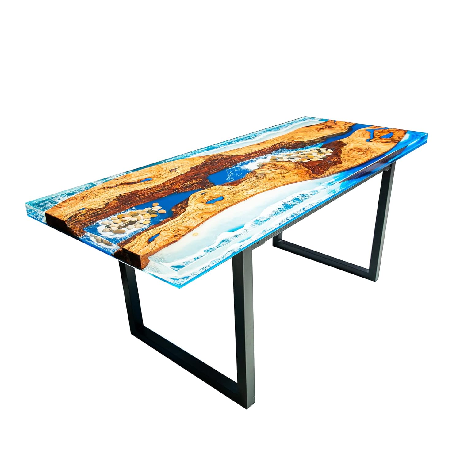 Hand Made Epoxy Resin Room Table for Home Office Living, Craft River Natural Edge Wood end Table, Blue Resin Dining Table for 2, 4