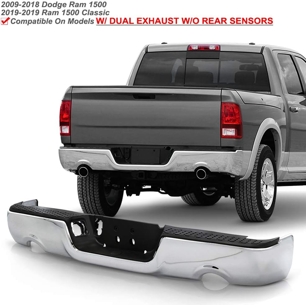 ACANII - For 2009-2018 Dodge Ram 1500 w/ Dual Exhaust w/o Sensor Holes Chrome Steel Rear Step Bumper Complete Assembly