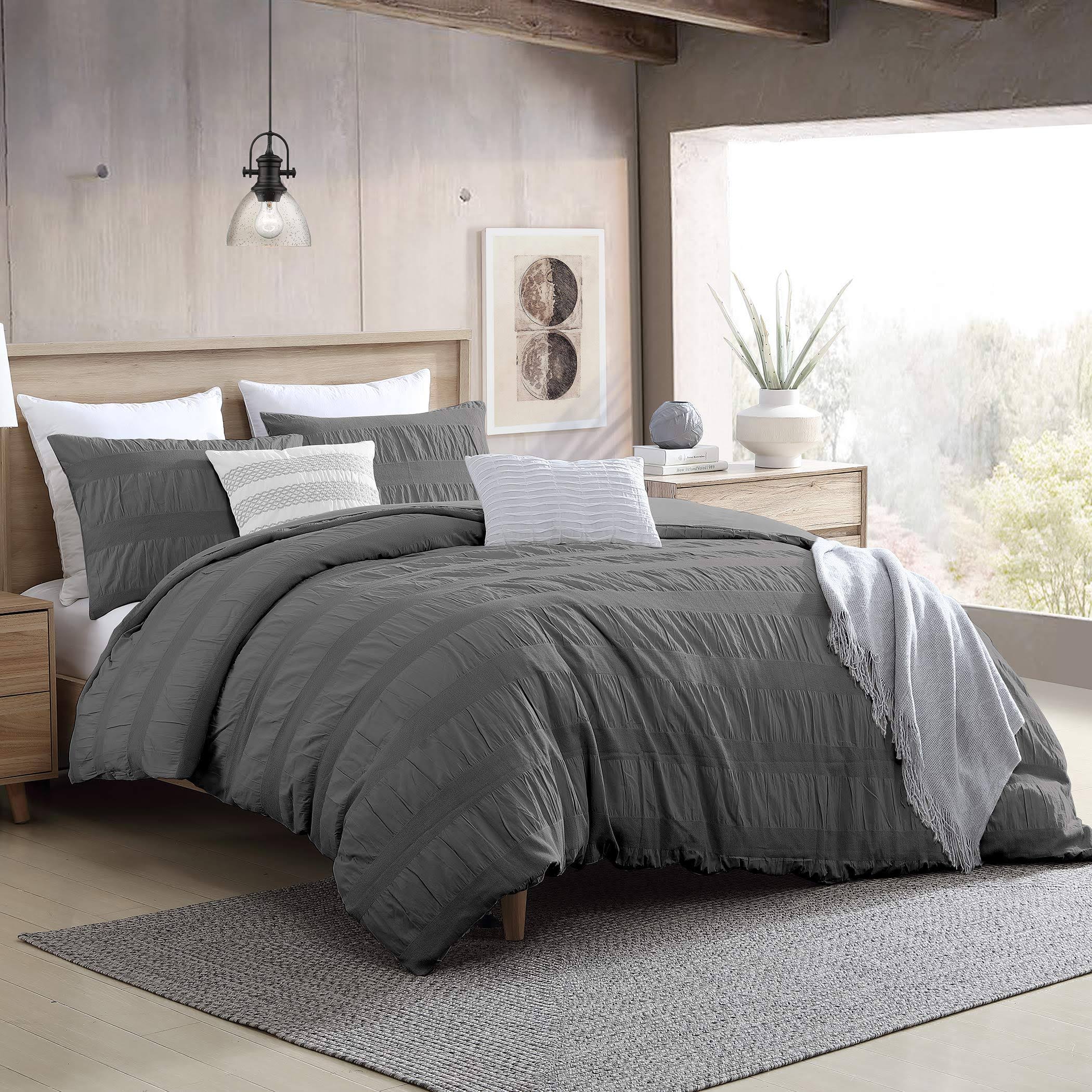 Swift Home Moselle 100% Cotton Ruched u0026 Waffle Weave Duvet Cover Set - King/Cal King - Dark Grey