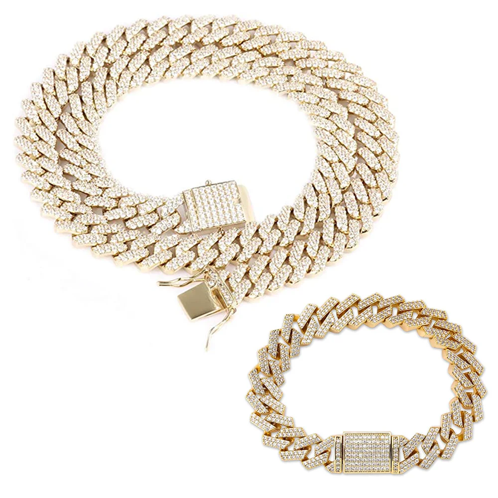 Iced Out Cuban Link Necklace & Bracelet Set (15mm, Gold)