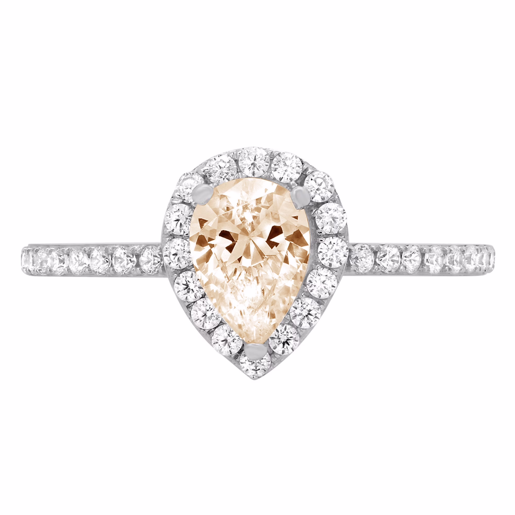0.8ct Pear Cut Brown Natural Morganite 18k White Gold Engraving Statement Bridal Anniversary Engagement Wedding Halo Ring Size 3.5
